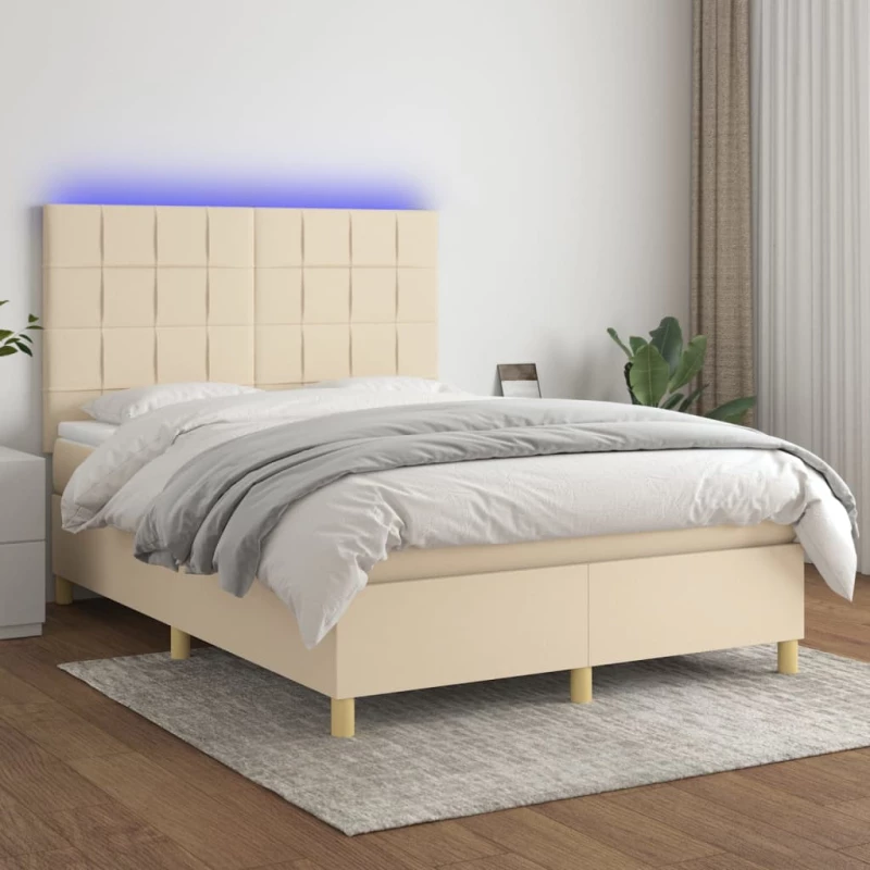 Κρεβάτι Boxspring με Στρώμα & LED Κρεμ 140x200 εκ. Υφασμάτινο Κρεμ 3135442