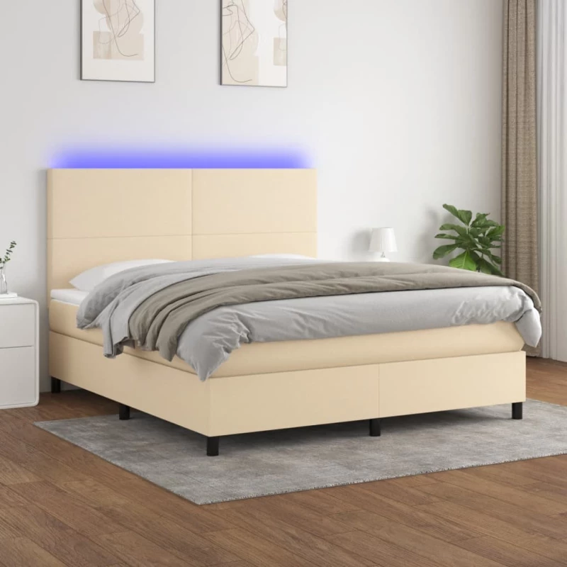 Κρεβάτι Boxspring με Στρώμα & LED Κρεμ 180x200 εκ. Υφασμάτινο Κρεμ 3134738