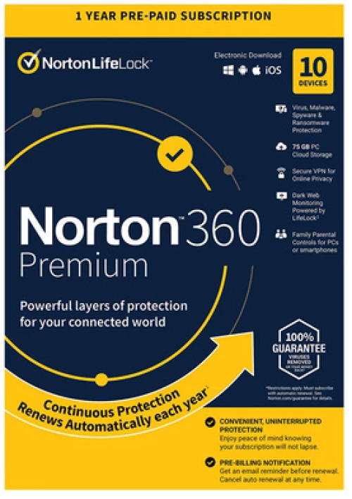 NORTON Antivirus 360 Premium ESD, 10 συσκευές, 75GB cloud, 1 έτος