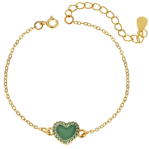 Βραχιόλι Senza Silver 925, επιχρυσωμένη καρδιά με σμάλτο και πράσινο ζιργκόν