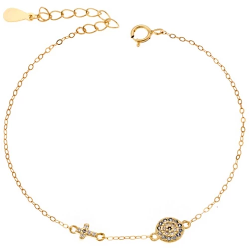 Βραχιόλι Senza Silver 925 Gold Plated, Ματάκι γαλάζιο και σταυρός με ζιργκόν