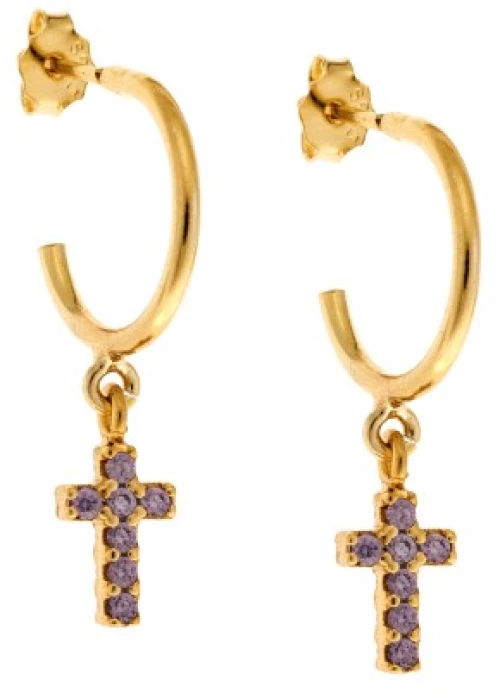 Σκουλαρίκια Κρίκοι Senza επιχρυσωμένο ασήμι 925, σταυρουδάκι διπλής όψης με μωβ και λευκά ζιργκόν