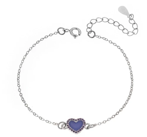 Βραχιόλι Senza Silver 925, καρδιά με σμάλτο και μωβ ζιργκόν