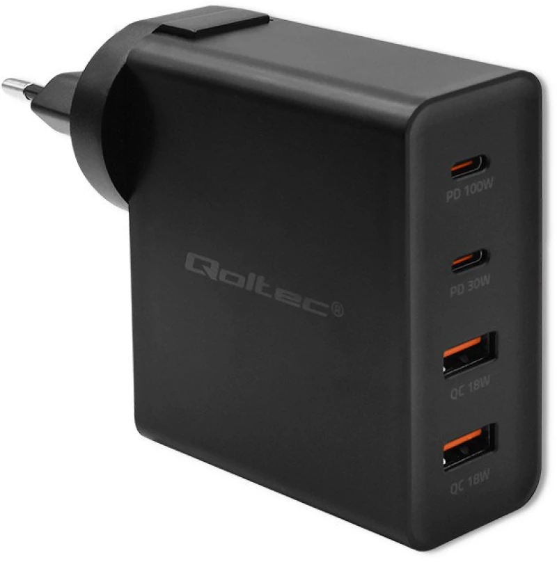 Qoltec GaN POWER PRO Charger | 2xUSB-C | 2xUSB | 130W | 5-20V | 1.5-5A | XP | Black