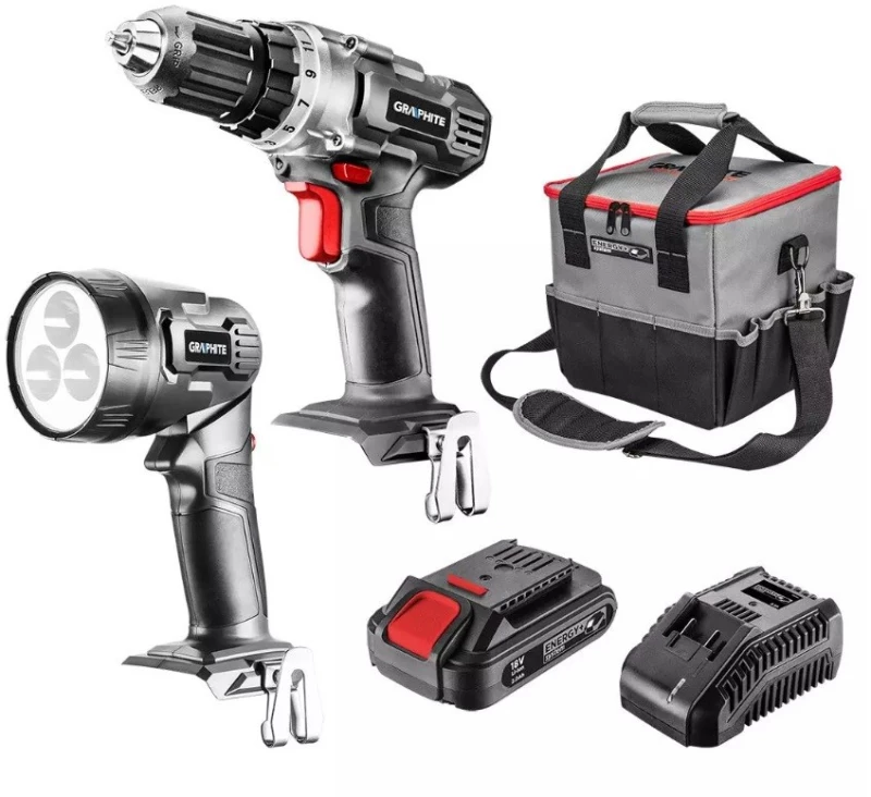 Graphite cordless tool set drill/driver, flashlight, bag, Energy+ 18V battery and charger