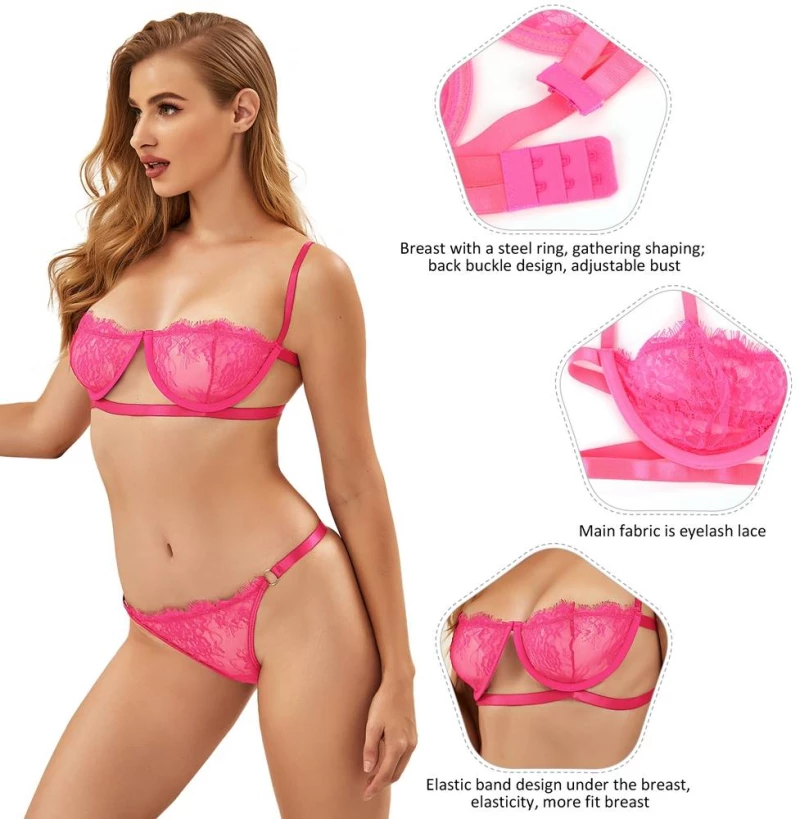 Hot Pink Custom High Quality Beautiful Lingerie Lace Bra Set With Steel ring