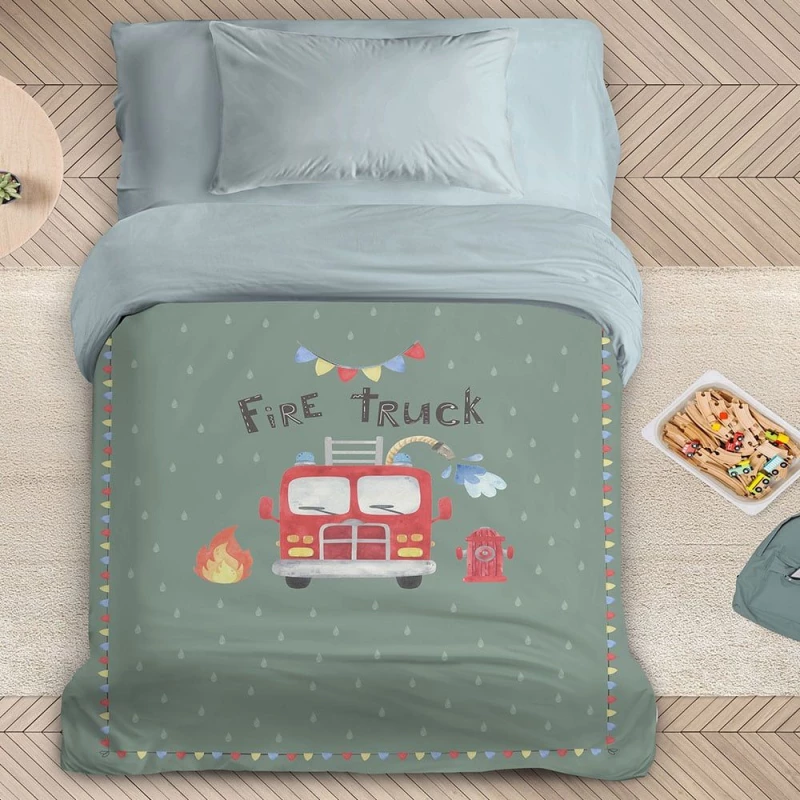 Πάπλωμα Παιδικό Fire Truck Green-Red Nima Μονό 160x240cm Microfiber