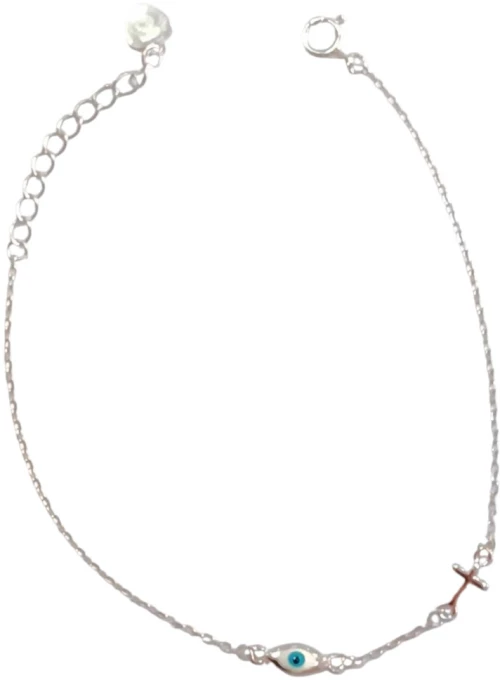 Γυναικείο βραχιόλι ασήμι 925 Prince silvero σε ασημι χρωμα με λευκο ματακι και σταυρο 3a-br481-1w