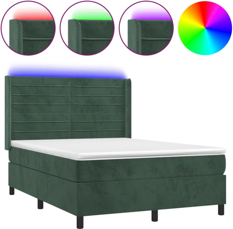 vidaXL Κρεβάτι Boxspring με Στρώμα & LED Σκ. Πράσινο 140x200εκ Βελούδο