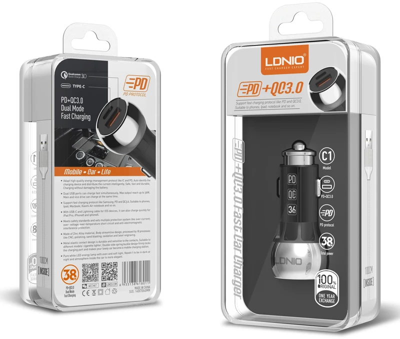 LDNIO φορτιστής αυτοκινήτου C1 με καλώδιο, USB & USB-C, 38W PD, μαύρος