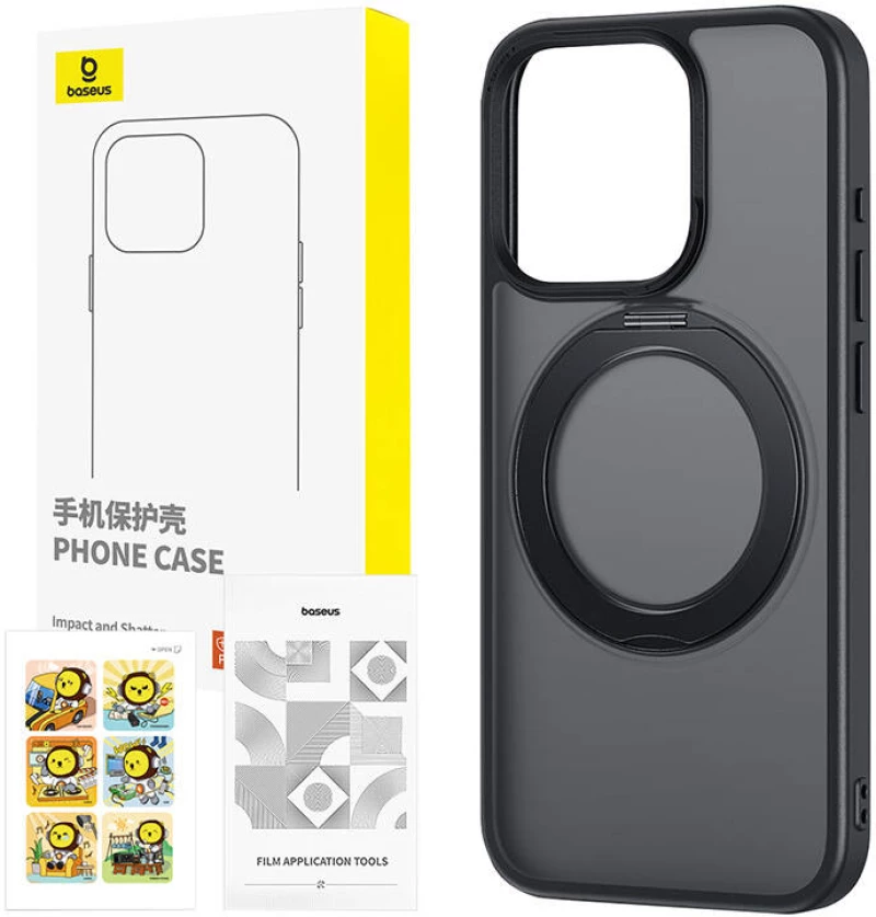 Phone Case with Stand Baseus SkyRing 360° for iP 15 +tempered-glass and cleaning kit (black)