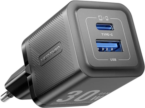 Wall charger, Vention, FEQB0-EU,  USB-C, USB- A, 30W/30W, GaN (black)