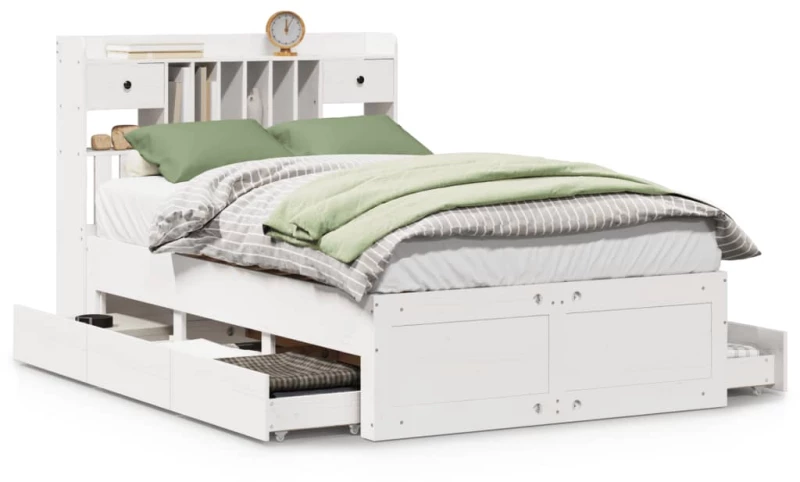 vidaXL Κρεβάτι Βιβλιοθήκη Χωρίς Στρώμα Λευκό 135x190 εκ Μασίφ Πεύκο