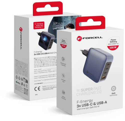FORCELL F-ENERGY GaN VT-46 travel charger 3 x Type C + USB A PD QC4.0 5A 100W with PD gray