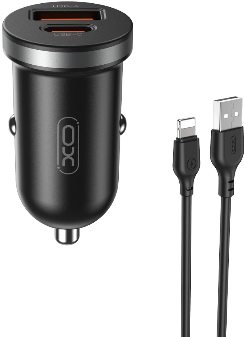 XO car charger CC56 PD 30W QC 1x USB 1x USB-C black + USB - Lightning cable
