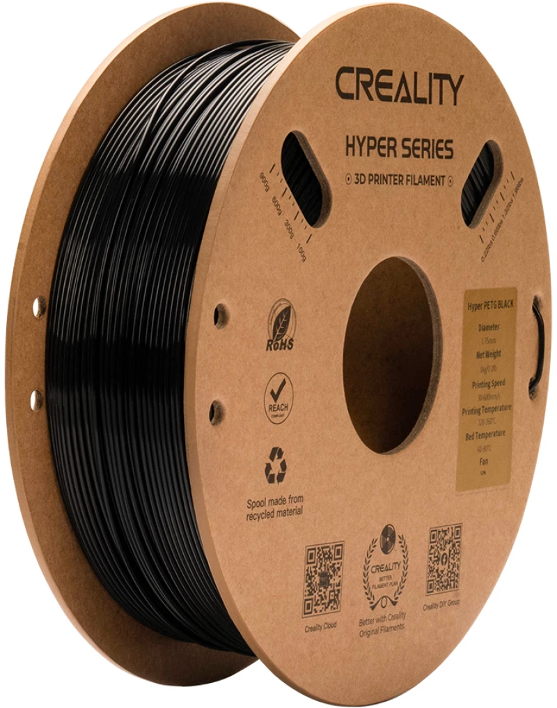 Creality Hyper-PETG Black 3D Printer Filament, fast print, chemical sunlight resist. 1kg 1.75
