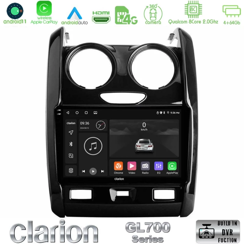Clarion GL700 Series 8Core Android13 4+64GB Dacia Duster 2014-2018 Navigation Multimedia Tablet 9" Με Carplay & Android Auto