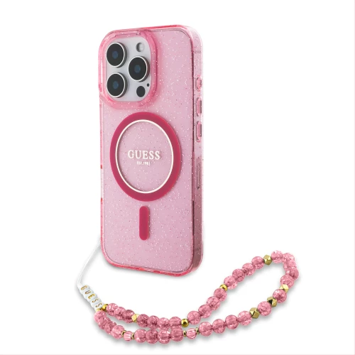 Guess “glitter With Pearl Strap” Hard Case Θήκη Προστασίας από Σκληρό Πλαστικό – Iphone 16 pro (Ροζ – Guhmp16lhgcrelsf)