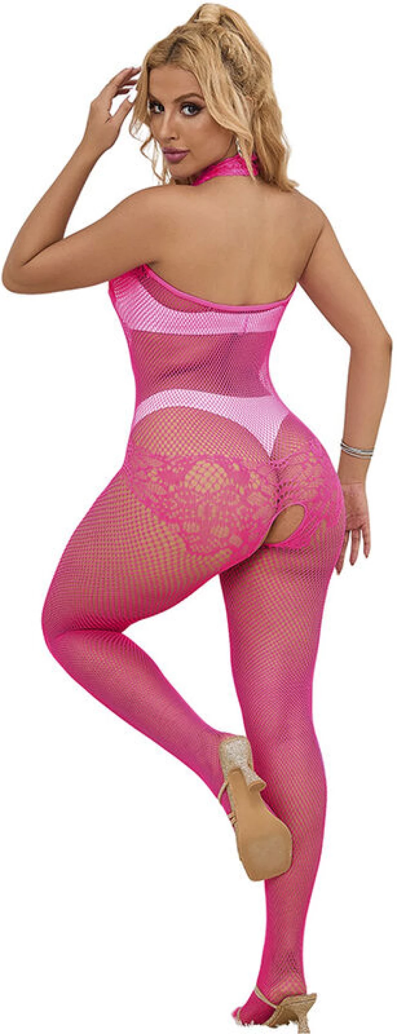 SUBBLIME - 952389 FISHNET AND LACE CROTCHLESS BODYSTOCKING WITH HIGH NECK PINK ONE SIZE