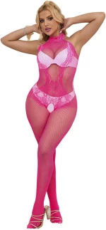 SUBBLIME - 952389 FISHNET AND LACE CROTCHLESS BODYSTOCKING WITH HIGH NECK PINK ONE SIZE