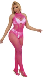 SUBBLIME - 952389 FISHNET AND LACE CROTCHLESS BODYSTOCKING WITH HIGH NECK PINK ONE SIZE