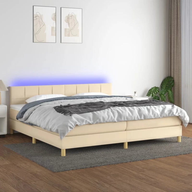Κρεβάτι Boxspring με Στρώμα & LED Κρεμ 200x200 εκ. Υφασμάτινο Κρεμ 3133746