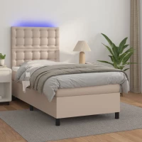 Κρεβάτι Boxspring Στρώμα&LED Καπουτσίνο 90x190 εκ. Συνθ. Δέρμα Καφέ 3135920