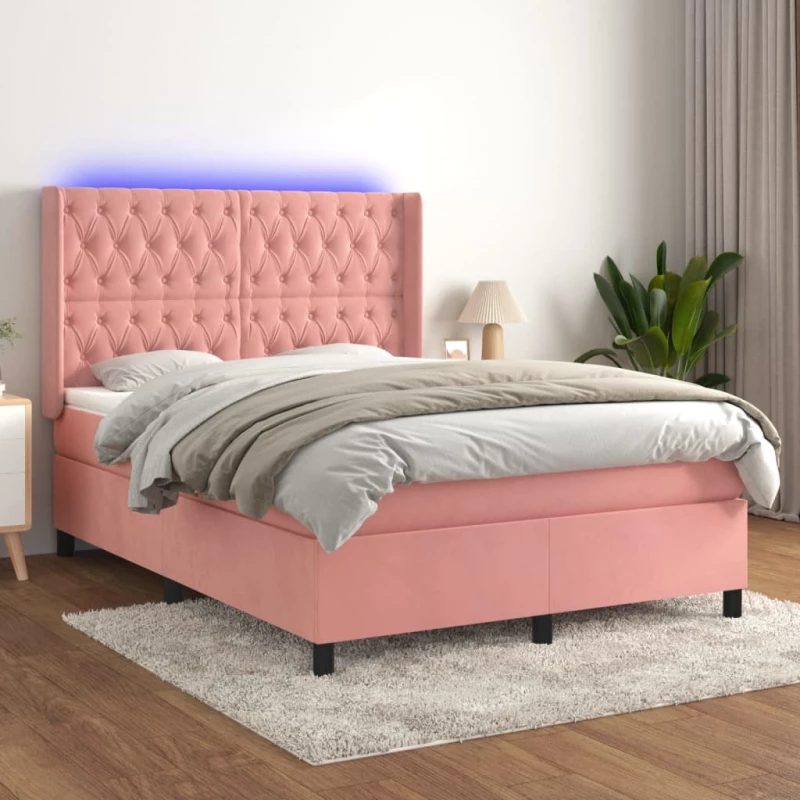 Κρεβάτι Boxspring με Στρώμα & LED Ροζ 140x190 εκ. Βελούδινο Ροζ 3139744