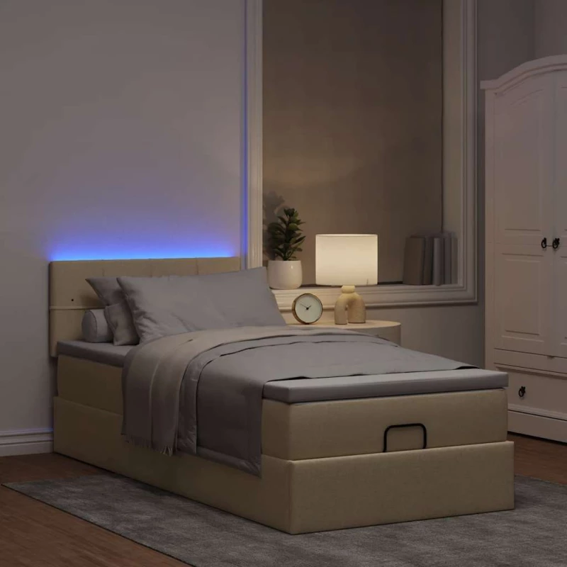 Οθωμανικό κρεβάτι με στρώμα & LEDs Cream 100x200 cm Ύφασμα Κρεμ 3312289