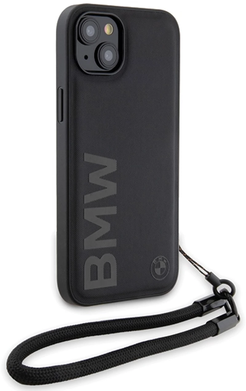 BMW Signature Leather Wordmark Cord Case for iPhone 15/14/13 - Black