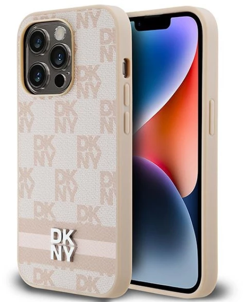 DKNY Leather Checkered Mono Pattern & Printed Stripes case for iPhone 14 Pro - pink