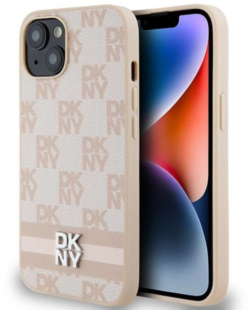 DKNY Leather Checkered Mono Pattern & Printed Stripes case for iPhone 15 / 14 / 13 - pink