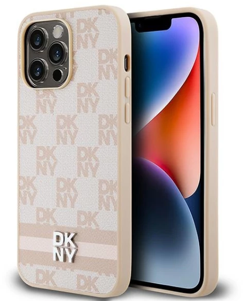 DKNY Leather Checkered Mono Pattern & Printed Stripes case for iPhone 14 Pro Max - pink