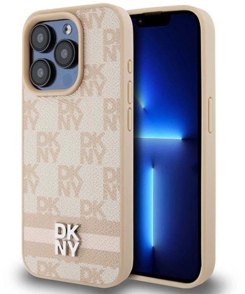 DKNY Leather Checkered Mono Pattern & Printed Stripes case for iPhone 15 Pro - pink