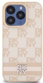 DKNY Leather Checkered Mono Pattern & Printed Stripes case for iPhone 15 Pro - pink