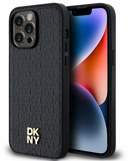 DKNY Leather Pattern Metal Logo MagSafe case for iPhone 14 Pro - black