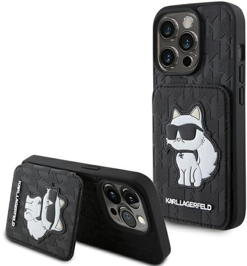 Karl Lagerfeld Saffiano Cardslots and Stand Monogram Choupette Case for iPhone 15 Pro - Black