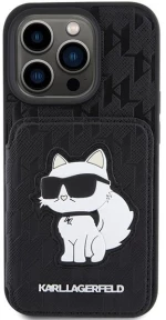 Karl Lagerfeld Saffiano Cardslots and Stand Monogram Choupette Case for iPhone 15 Pro - Black