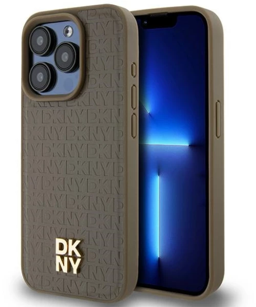 DKNY Leather Monogram Pattern Metal Logo MagSafe Case for iPhone 15 Pro - Brown