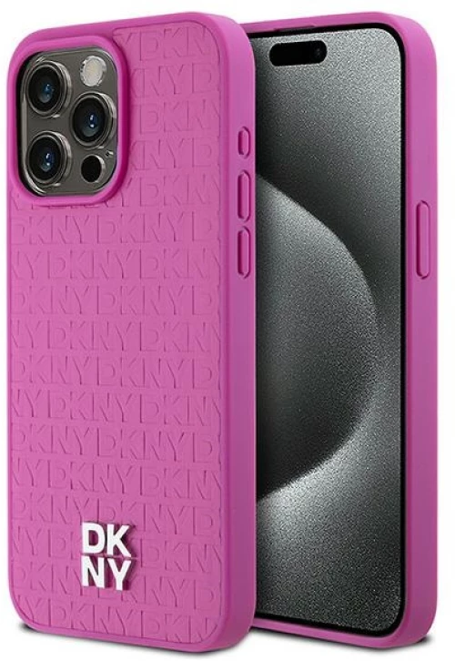 DKNY Leather Monogram Pattern Metal Logo MagSafe Case for iPhone 15 Pro Max - Pink