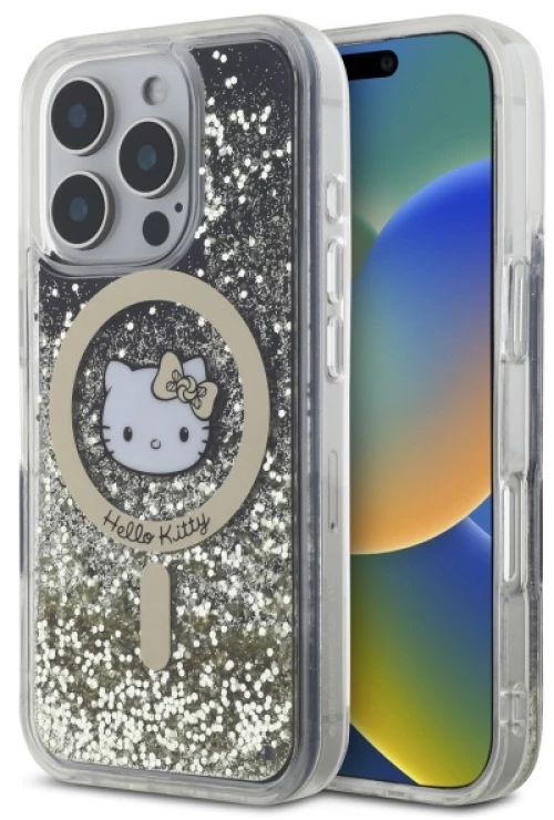 Hello Kitty HKHMP16XLGDIK iPhone 16 Pro Max 6.9" black gold hardcase Liquid Glitter Fever MagSafe