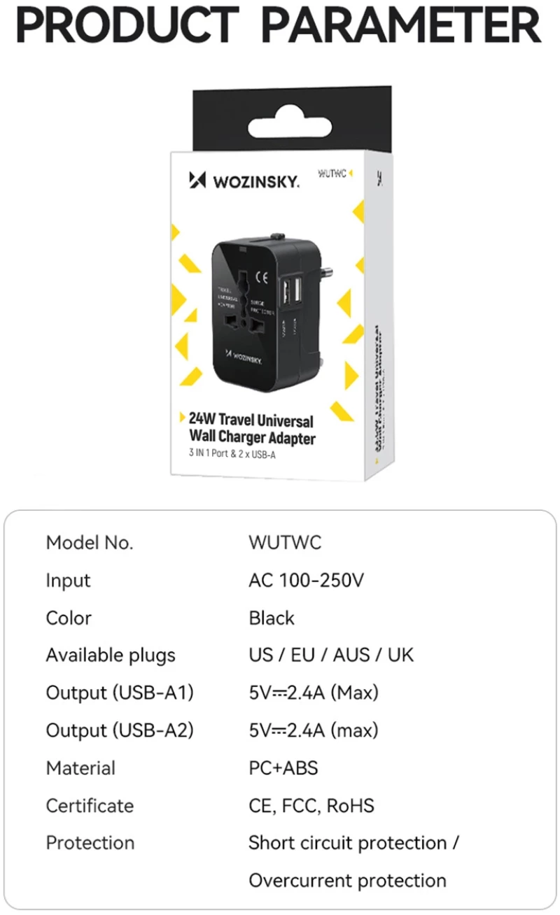 Wozinsky WUTWC travel adapter universal 24W EU / US / AUS / UK / 2x USB-A - black