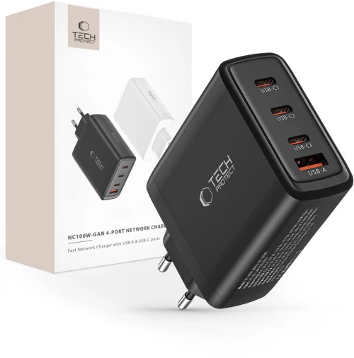 Tech-Protect NC100W-GAN GaN network charger 3x USB-C PD 100W / USB-A QC 3.0 - black