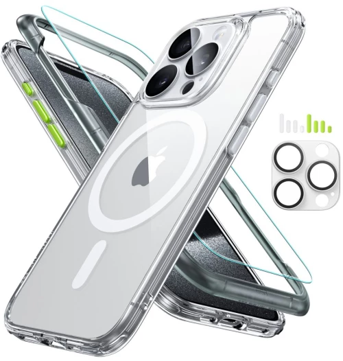 ESR Classic Pro Set Halolock MagSafe Case + Glass for Display and Camera for iPhone 15 Pro - Transparent