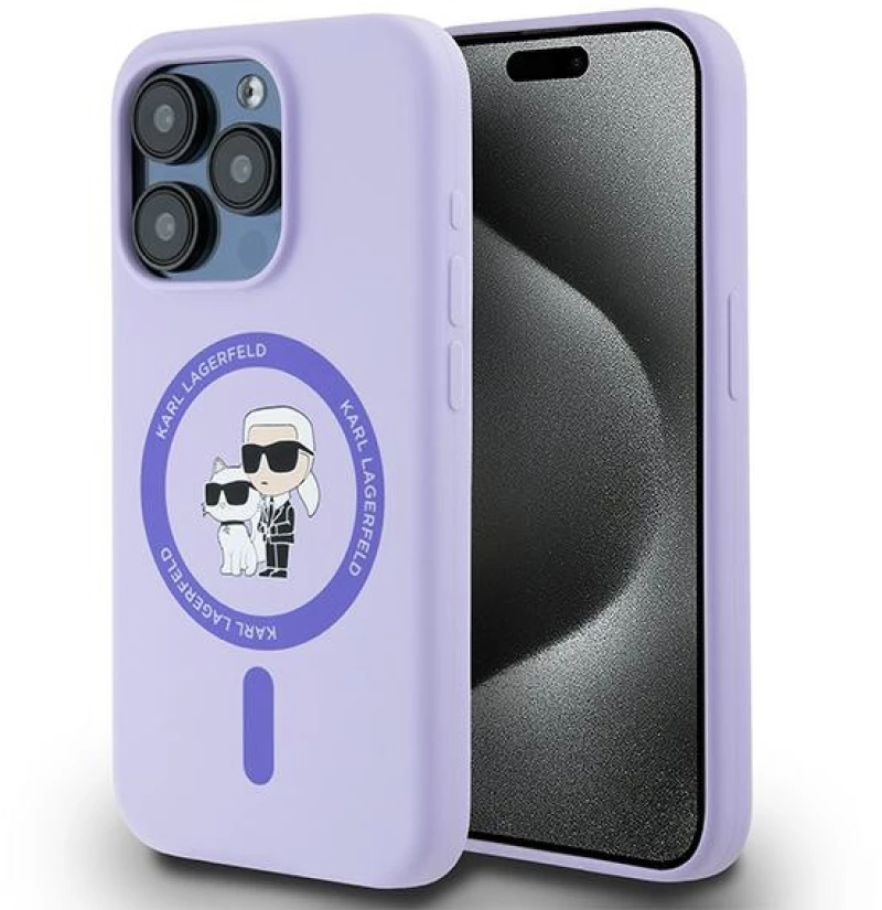 Karl Lagerfeld Silicone Karl&Choupette Heads Ring MagSafe Case for iPhone 15 Pro - Purple