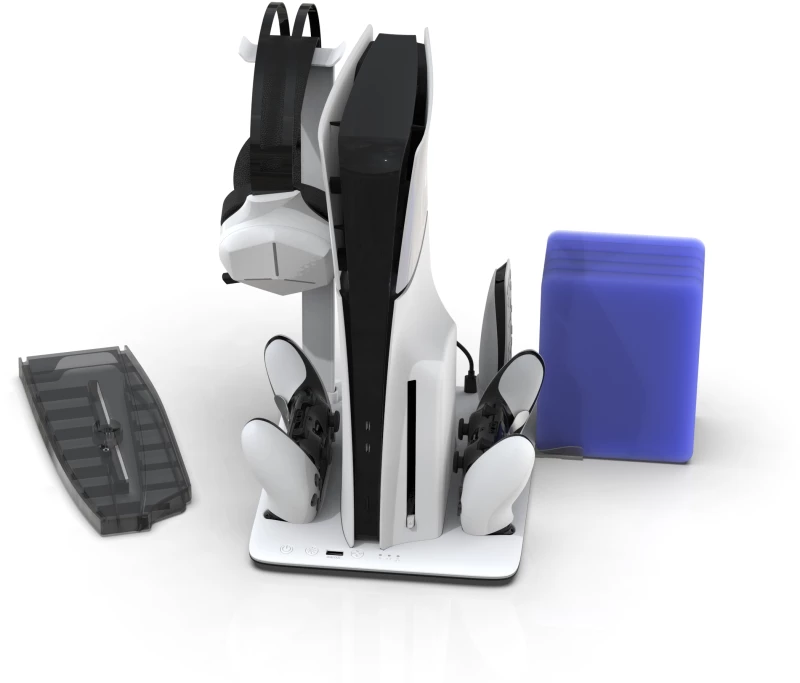 IMP DLX Stand - Charges Controllers(inc. Edge), 3sp Fan w. game, headset and remote store / PlayStation 5