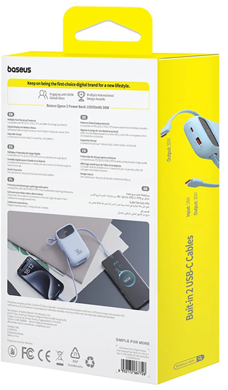 Baseus QPow 2 30W 10000mAh Power Bank with Built-in USB-C Cables - Blue