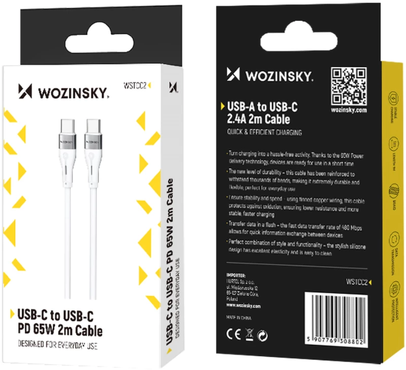 Wozinsky WSTCC2 USB-C / USB-C PD 65W cable 2 m - white