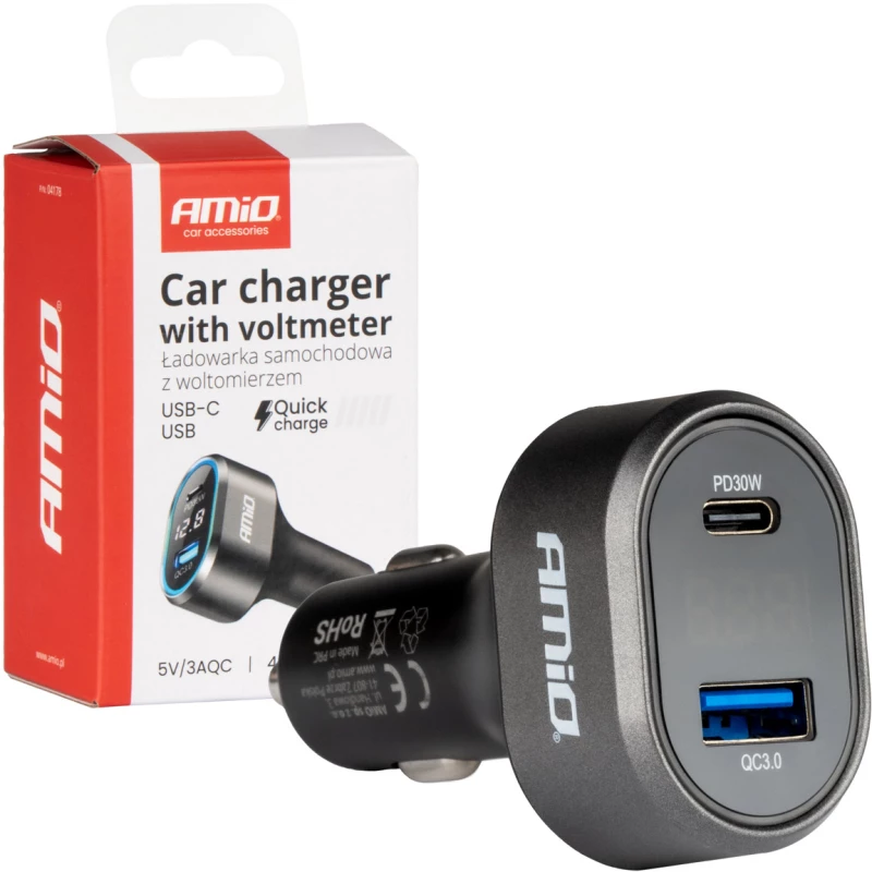 ΦΟΡΤΙΣΤΗΣ ΑΝΑΠΤΗΡΑ ΜΕ 2 ΘΥΡΕΣ USB-C+USB-A QUICK CHARGE 3.0 30W ΜΕ ΒΟΛΤΟΜΕΤΡΟ ΜΑΥΡΟ AMIO - 1 Τεμ.