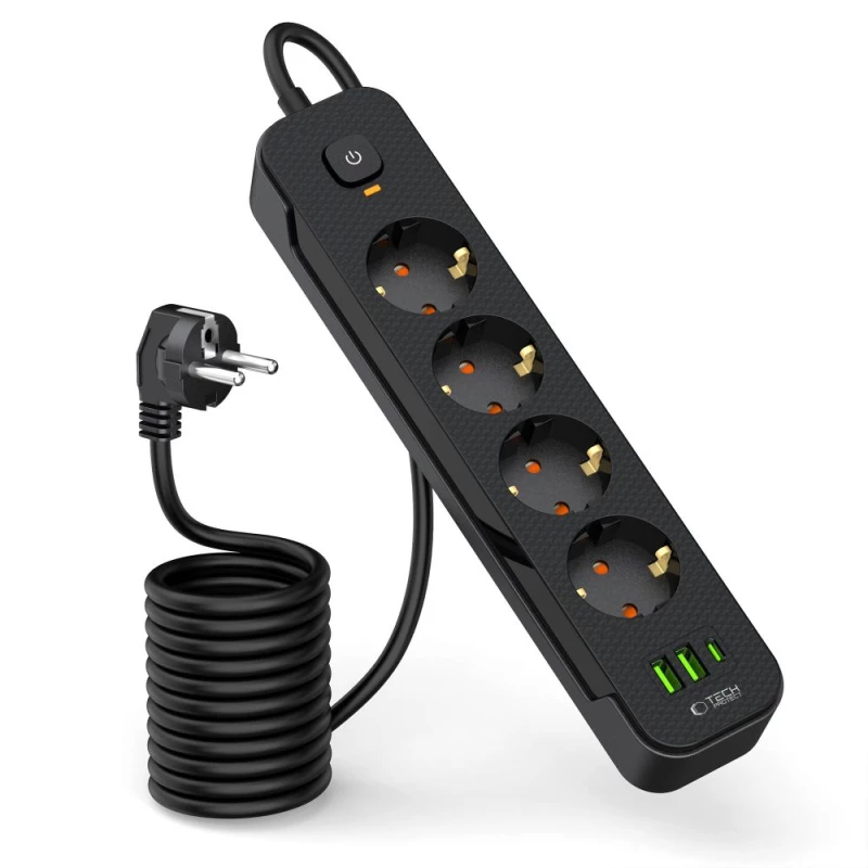 Tech-Protect Πολύπριζο με 2 x USB & 1 x Type-C & 4 x Πρίζες με Καλώδιο 2m Black